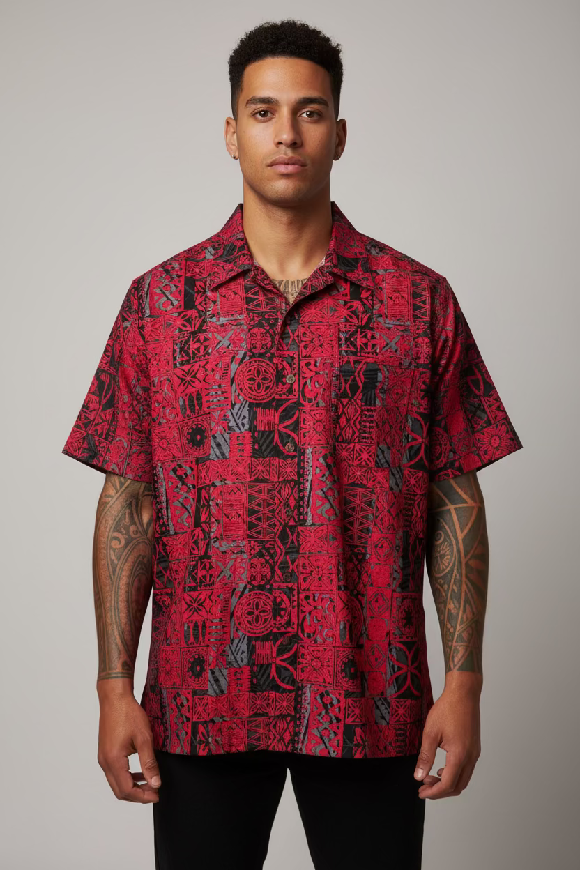 Chemise rouge motif noir et gris