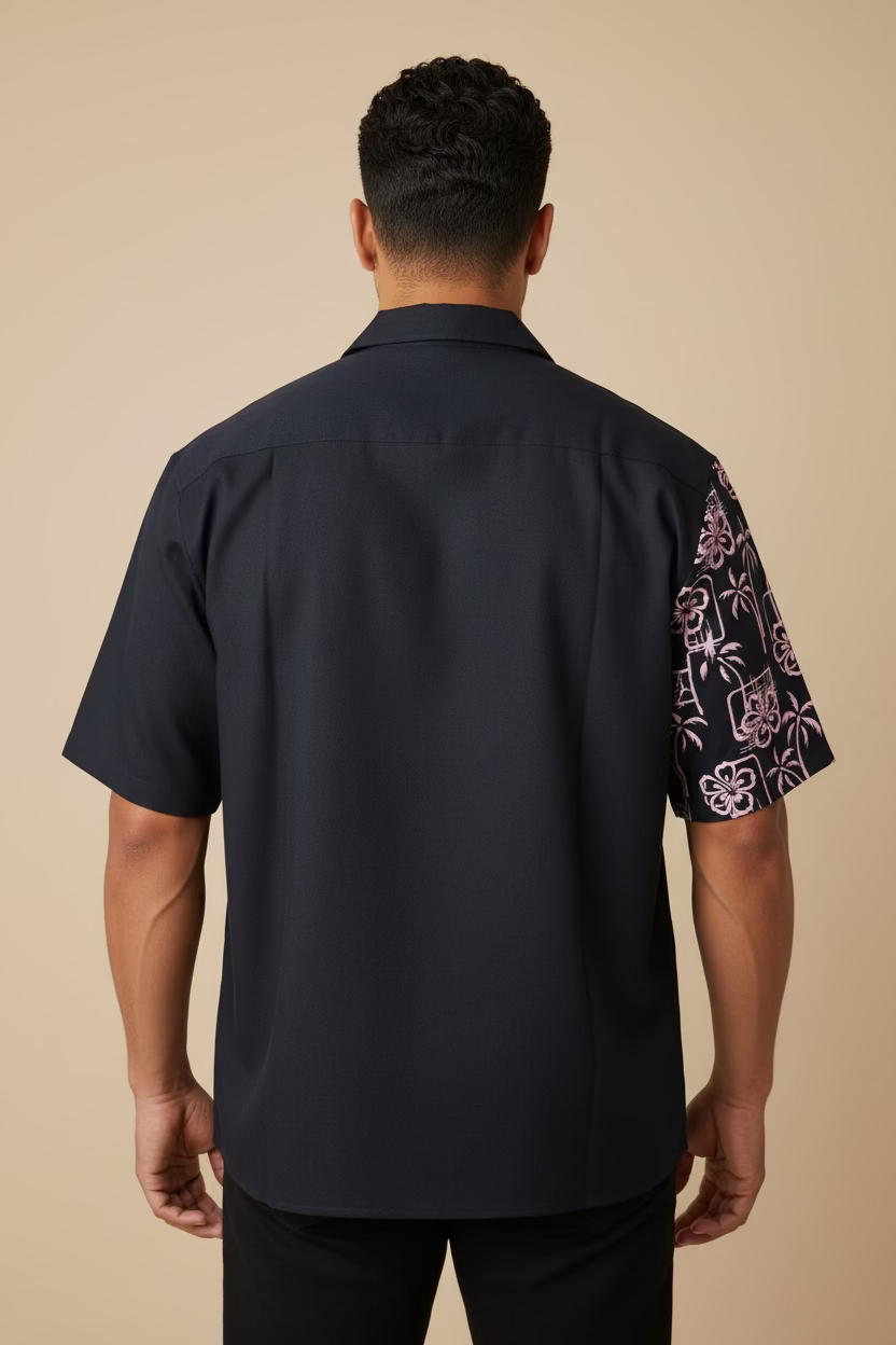 Chemise noire palmier rose