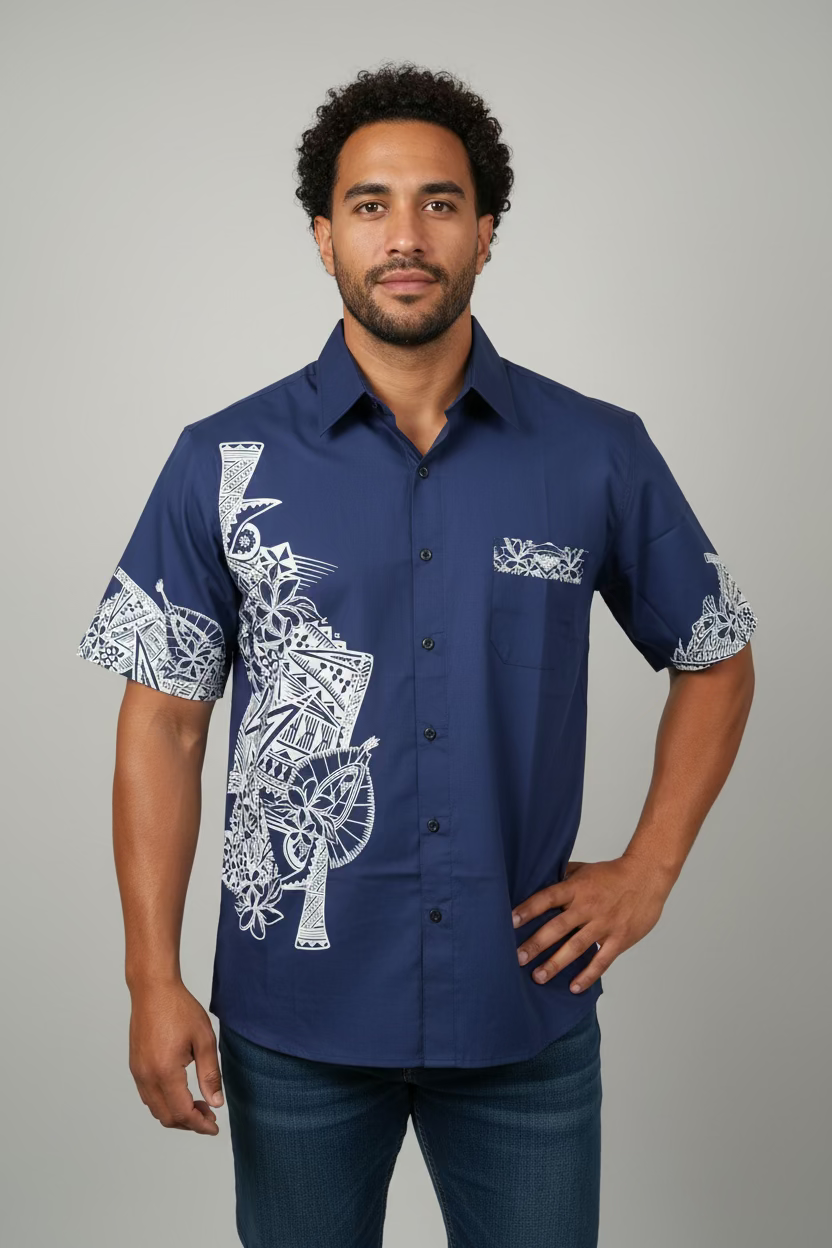 Chemise bleue tapa blanc