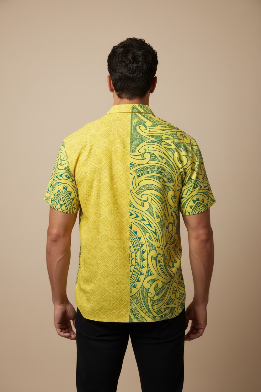 Chemise jaune tapa bleu