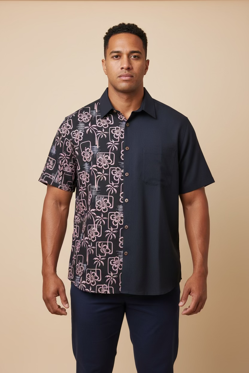 Chemise noire palmier rose