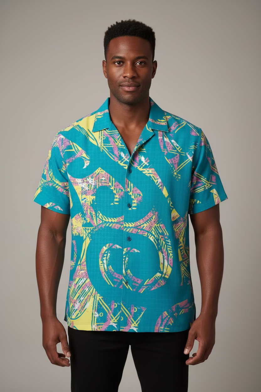 Chemise bleue tribal jaune