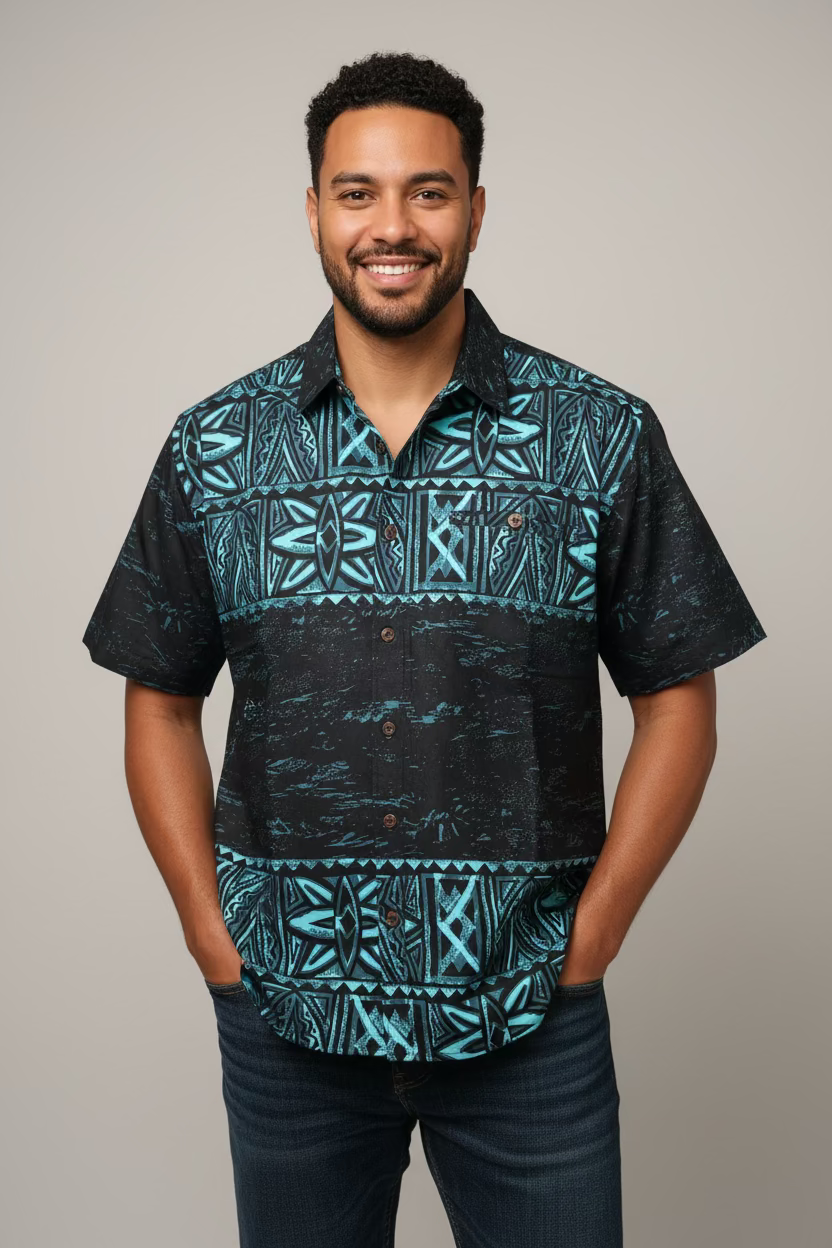 Chemise noire tapa bleu