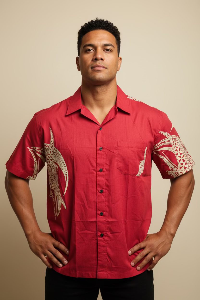 Chemise rouge tapa beige